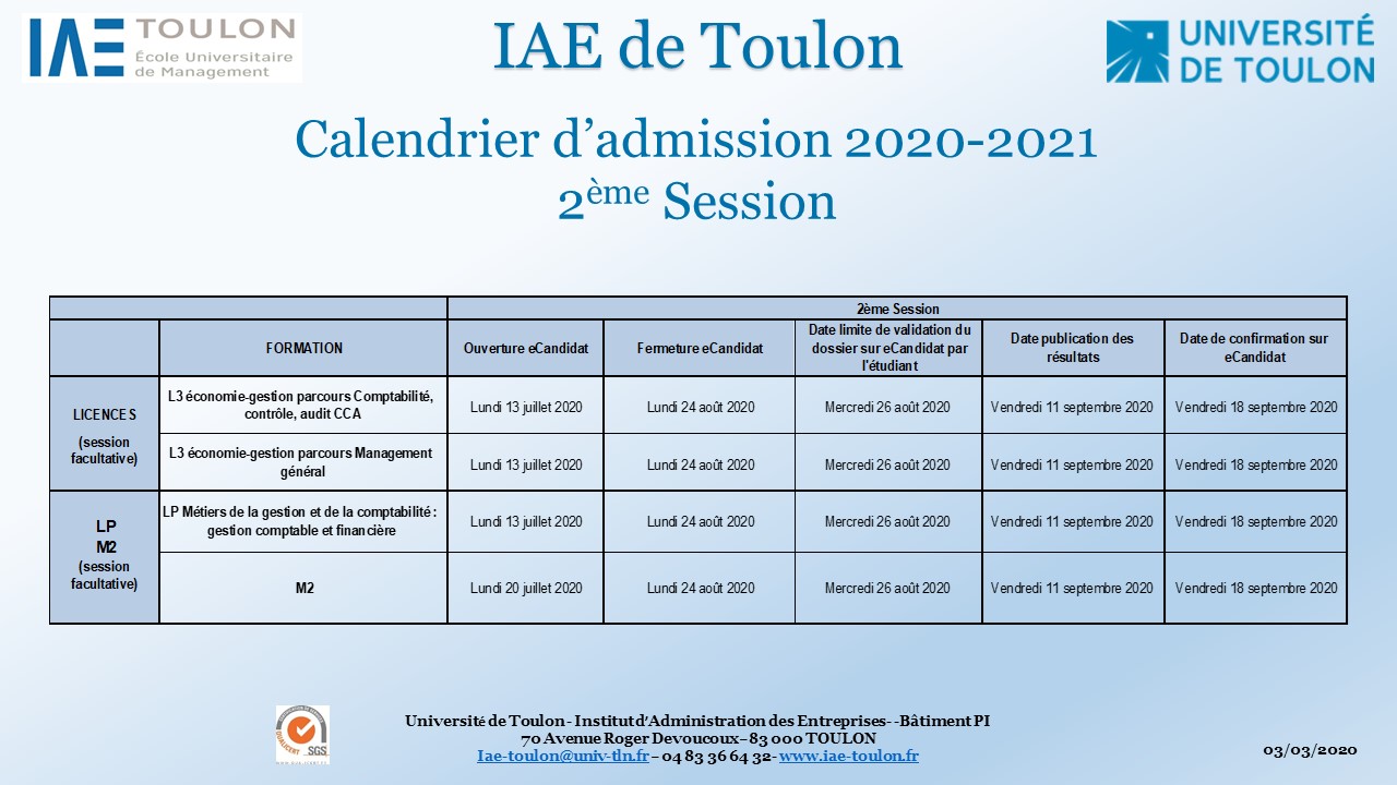 Calendrier d’admission 2020-2021 – Licences et Masters – IAE de Toulon